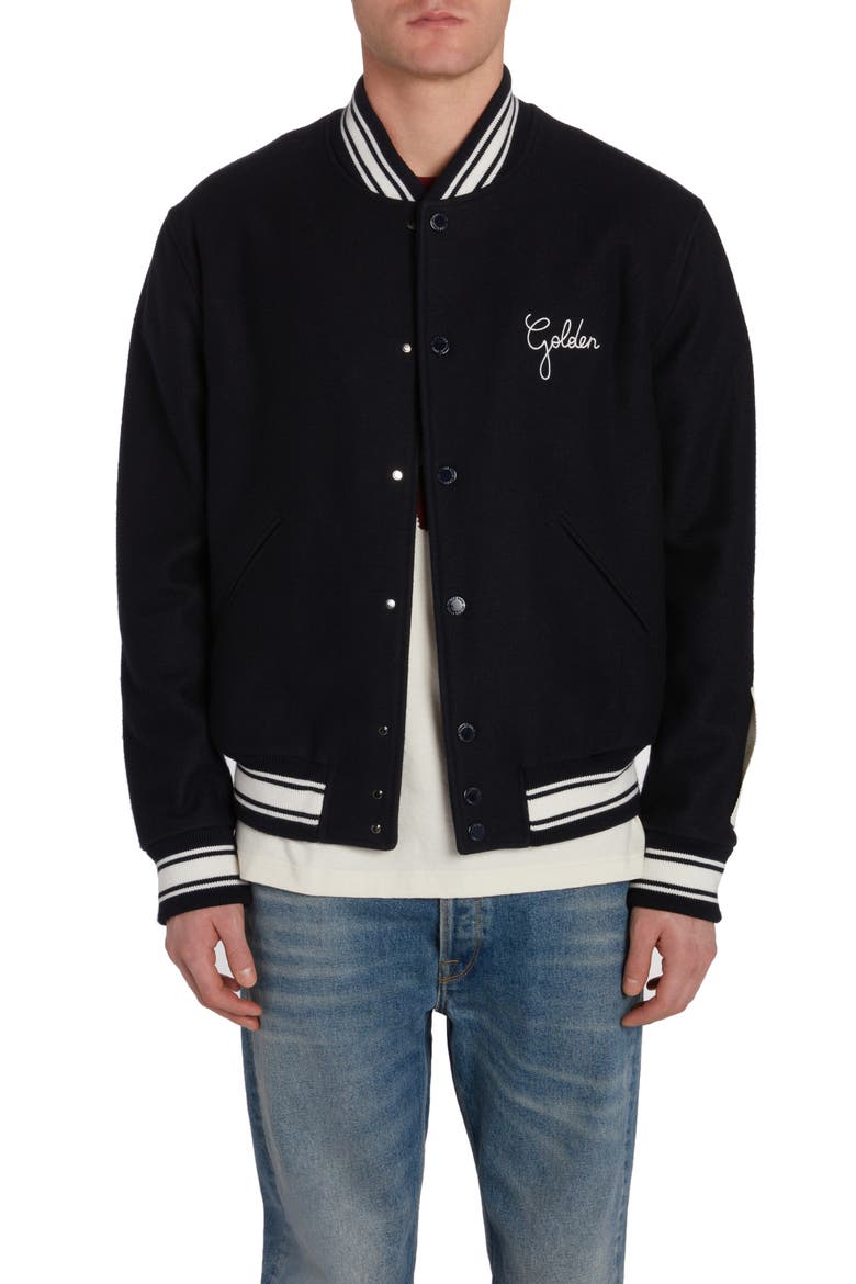 Logo Emboidered Wool Varsity Jacket, Main, color, DARK BLUE