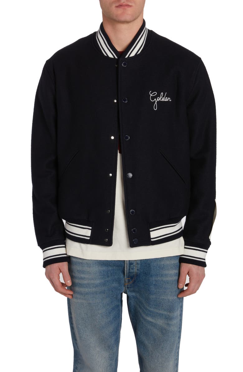 Golden Goose Logo Emboidered Wool Varsity Jacket, Main, color, Dark Blue
