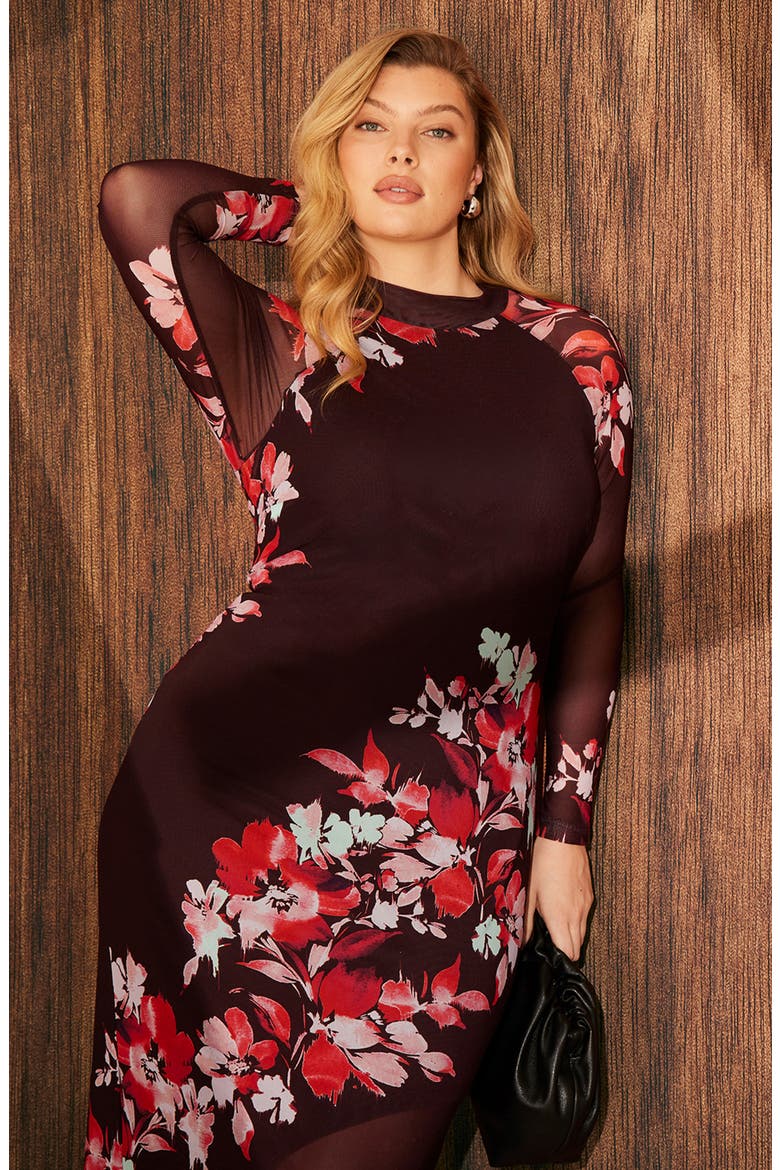 Solene Floral Mesh Midi Dress, Alternate, color, RUBY FLEUR