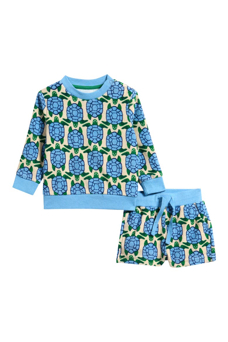 Turtle Print Cotton Blend French Terry Sweatshirt & Shorts Set, Main, color, BLUE GEO TURTLES