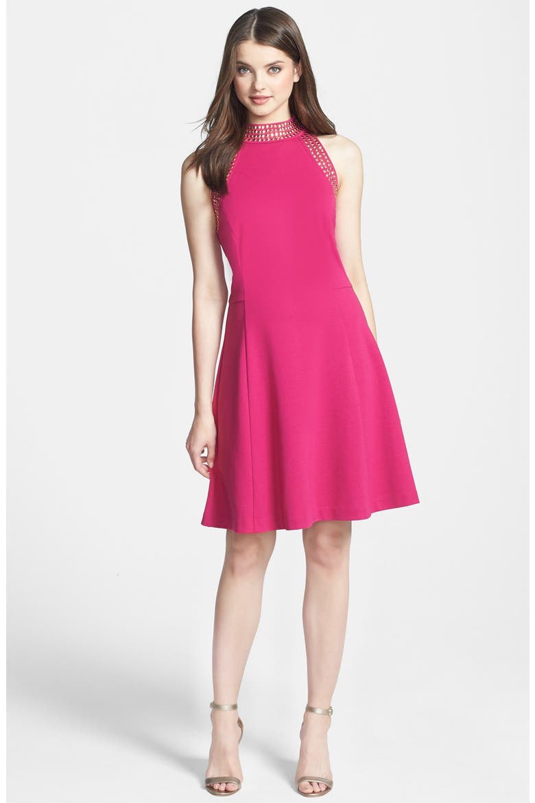 Studded Fit & Flare Ponte Dress, Main, color, DEEP FUCHSIA