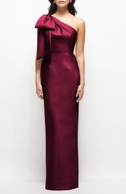 Alfred Sung Bow Detail One-Shoulder Satin Twill Column Gown