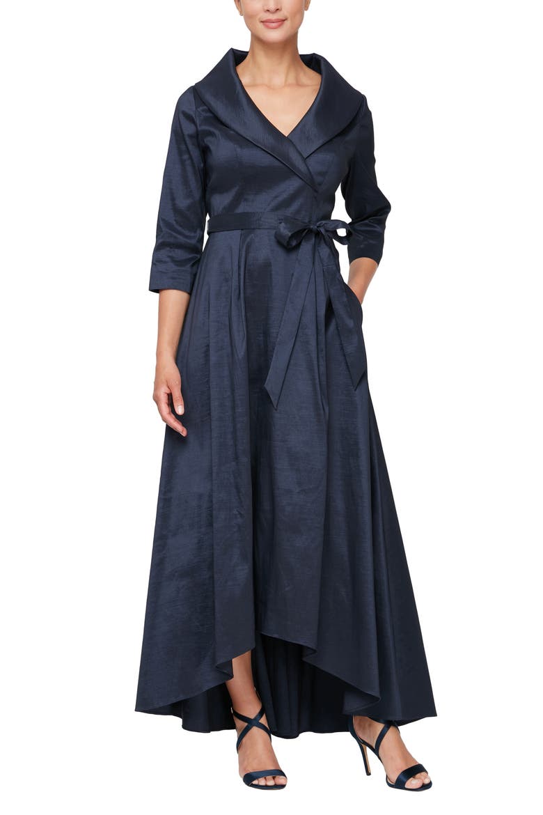 Portrait Collar Faux Wrap Gown, Main, color, NAVY
