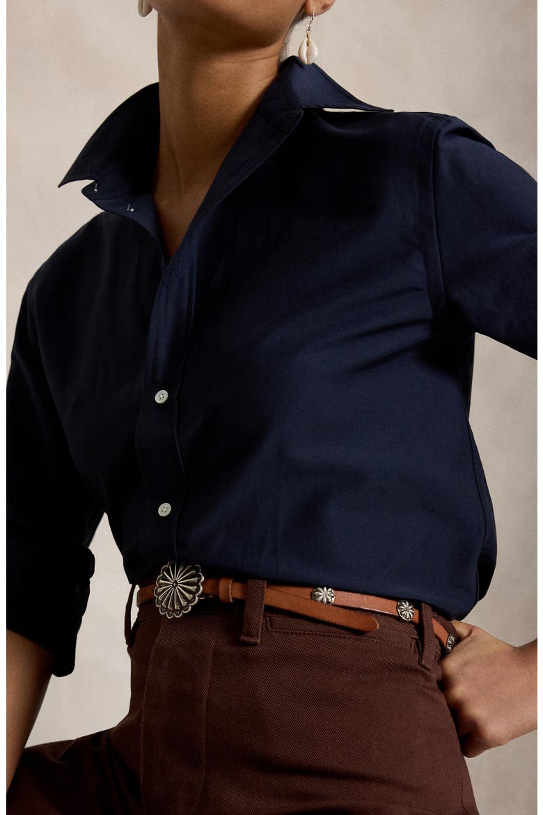 Relaxed Fit Cotton & Silk Button-Up Shirt, Alternate, color, HUNTER NAVY