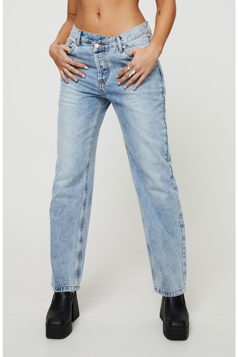 Holly Asymmetric Crossover Waist Rigid Straight Leg Jeans, Main, color, BLUE