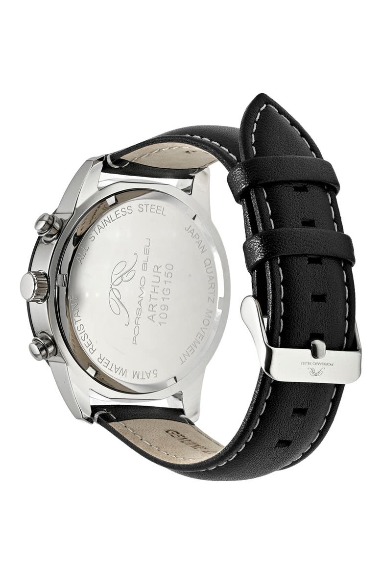 Arthur Chronograph Leather Strap Watch, 44mm, Alternate, color, SILVER