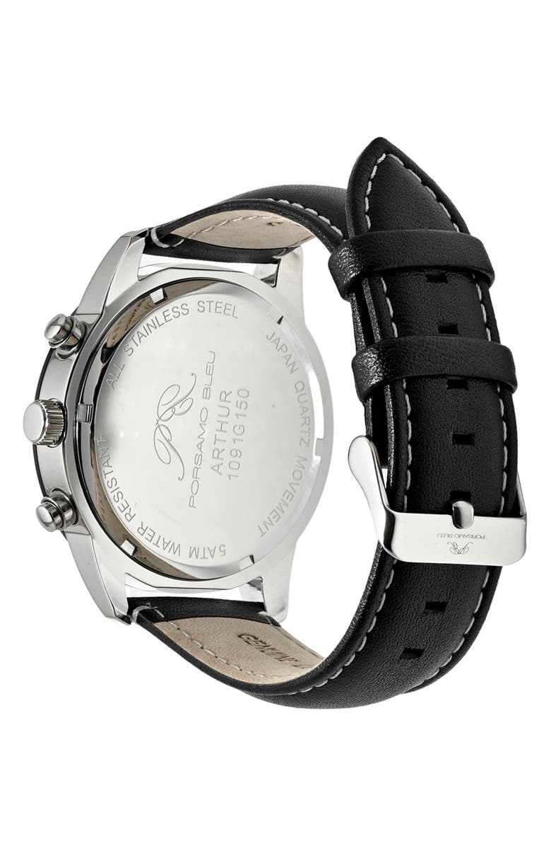 PORSAMO BLEU Arthur Chronograph Leather Strap Watch, 44mm, Alternate, color, Silver