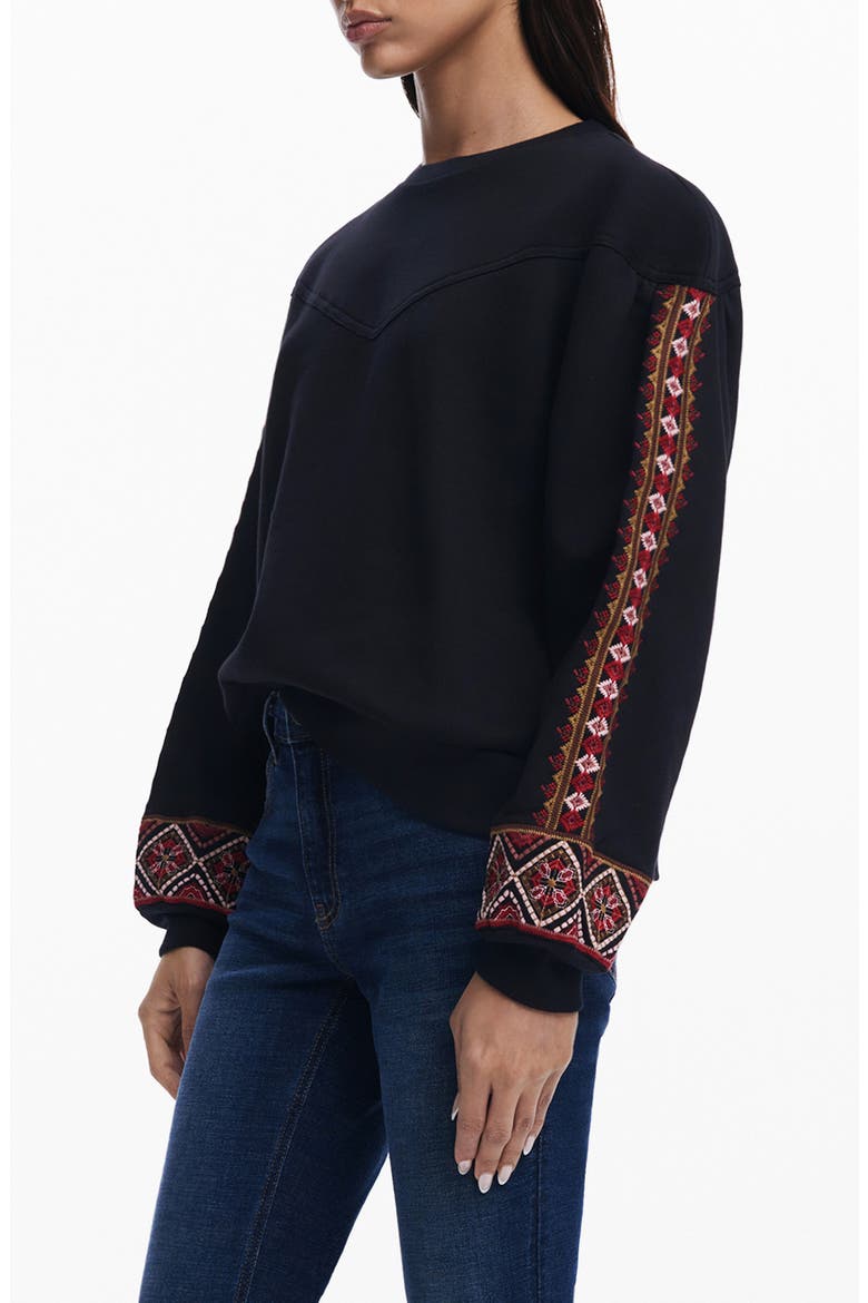 Embroidered Sleeve Sweatshirt, Alternate, color, BLACK
