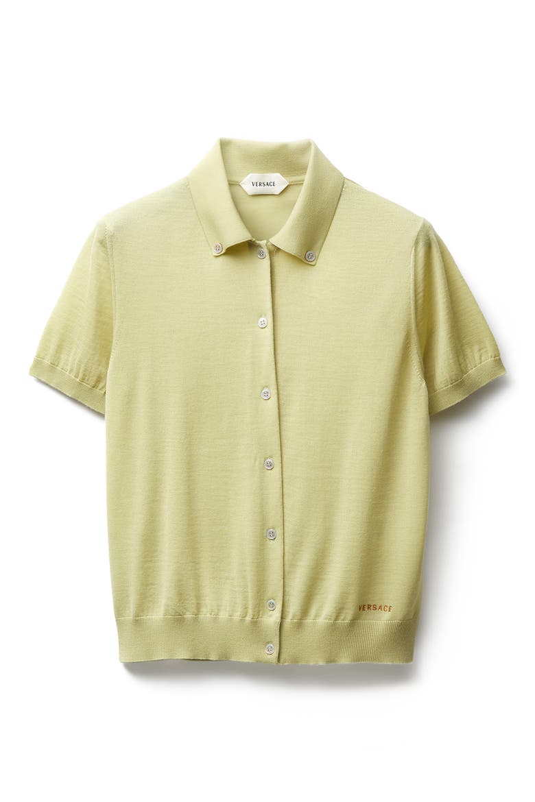 Gender Inclusive Short Sleeve Virgin Wool Button-Down Cardigan, Alternate, color, CHARTREUSE