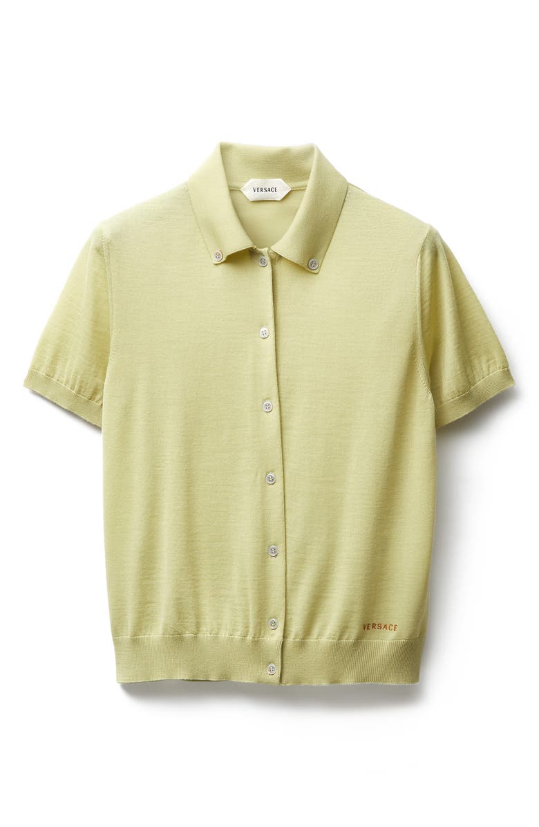 Versace Gender Inclusive Short Sleeve Virgin Wool Button-Down Cardigan, Alternate, color, Chartreuse