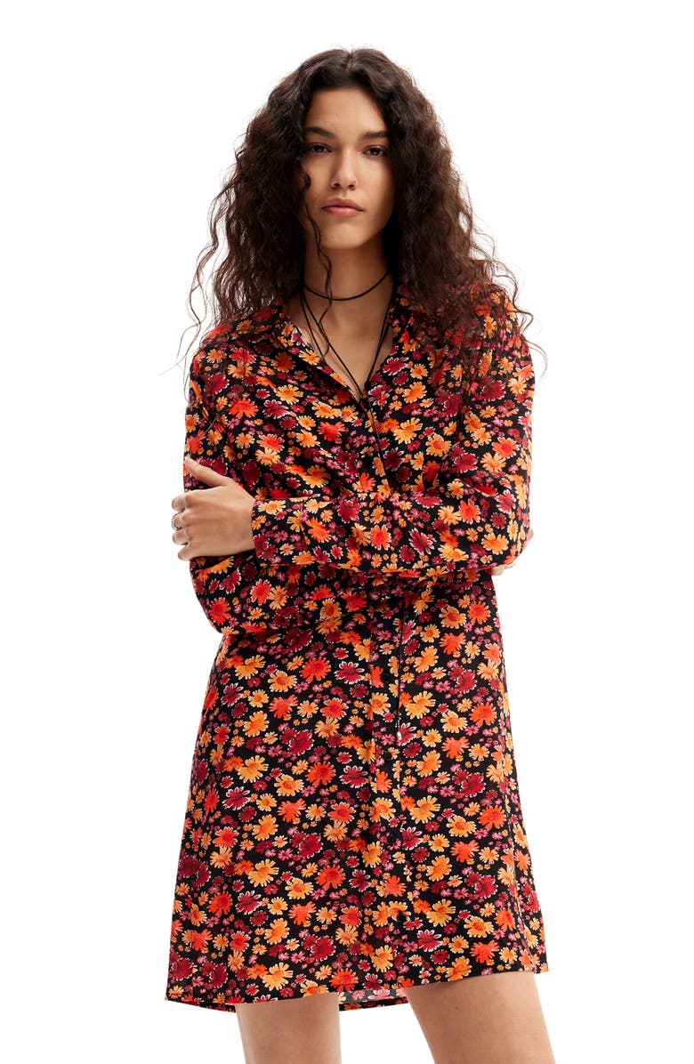 Desigual Yesh Floral Long Sleeve Mini Shirtdress, Alternate, color, Red
