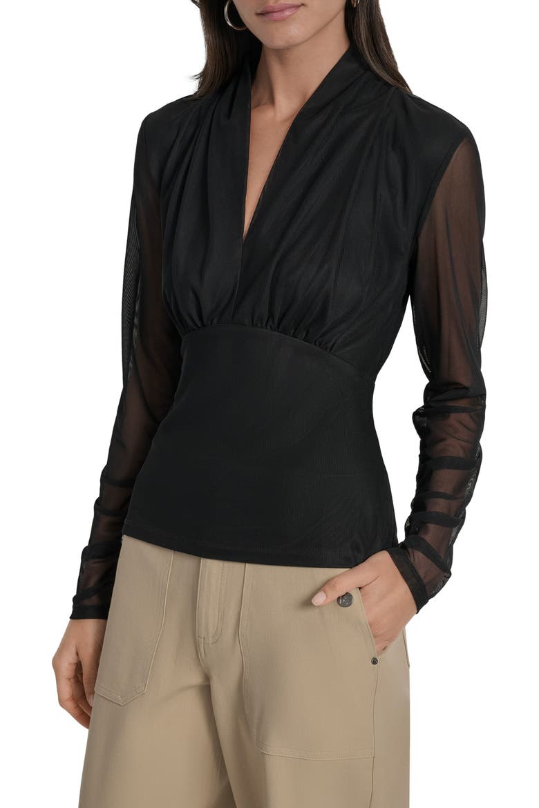 V-Neck Mesh Sleeve Top, Main, color, BLACK