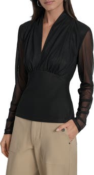 DKNY V-Neck Mesh Sleeve Top