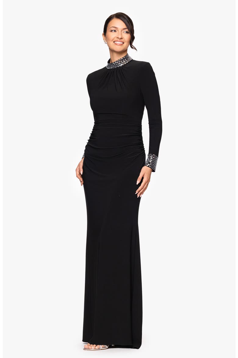 Ruched Beaded Long Sleeve Gown, Alternate, color, BLK/ SILVER