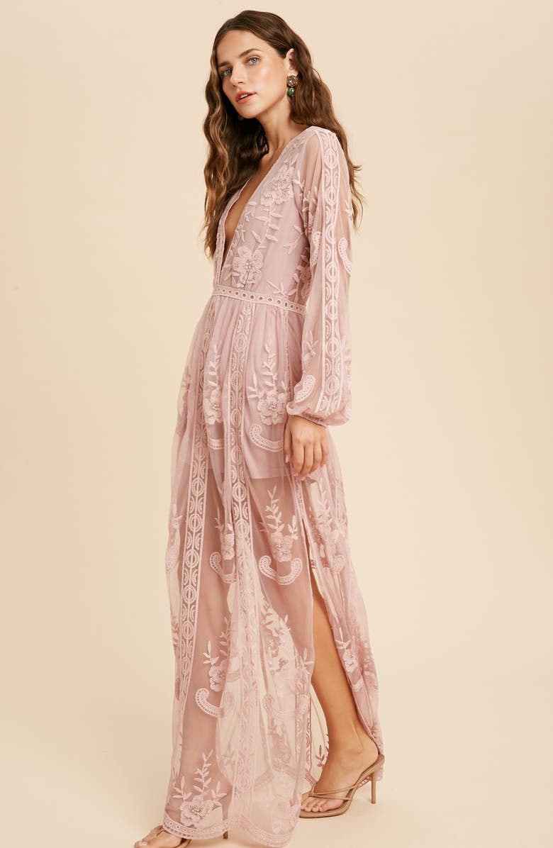 WISHLIST Floral Embroidered Long Sleeve Maxi Dress, Alternate, color, Mauve