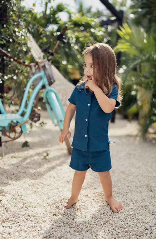 Maniere Manière Kids' Textured Grid Button-up Shirt & Shorts Set In Blue