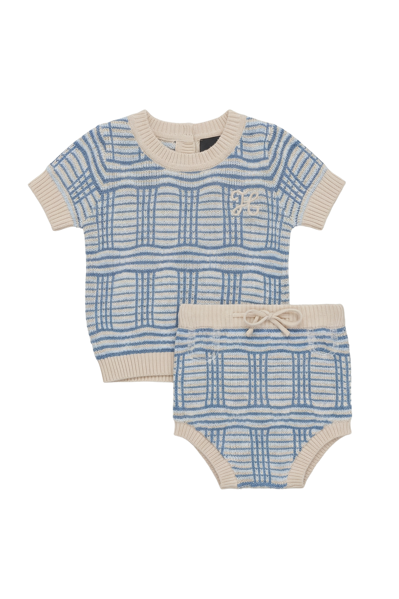 Plaid Knit Ribbed Crew Neck Top and Drawstring Shorts 2 Piece Set, Main, color, Blue