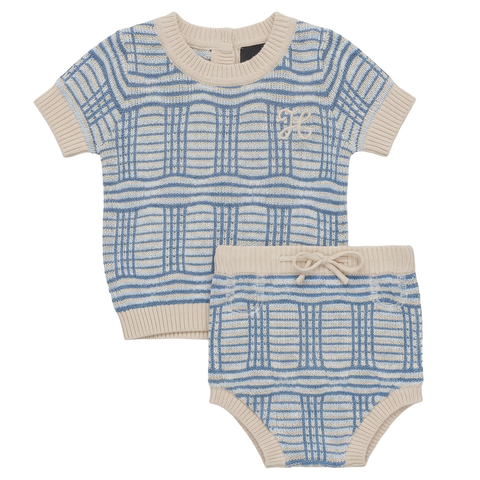 Plaid Knit Ribbed Crew Neck Top and Drawstring Shorts 2 Piece Set