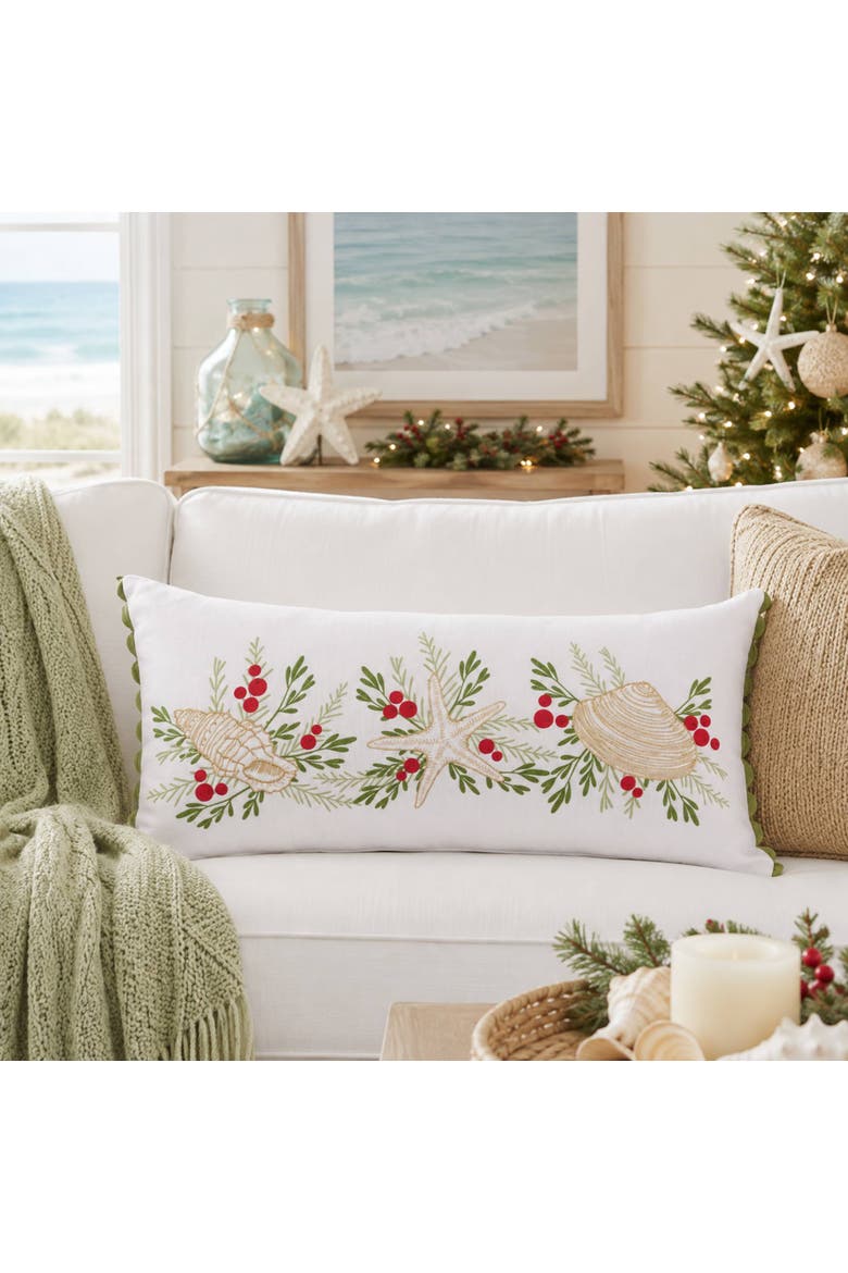 Coastal Tidings Shell Christmas Throw Pillow 12" x 24", Alternate, color, Green