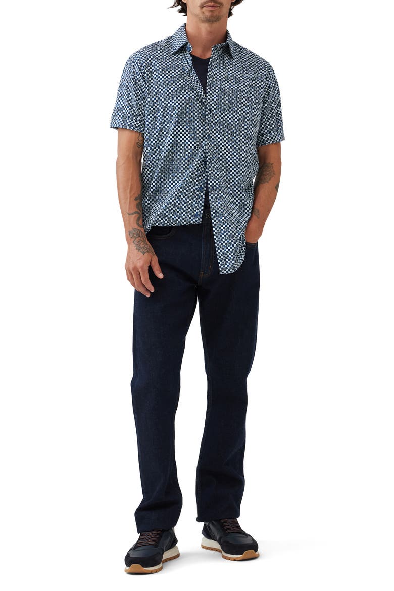 Yate's Point Original Fit Tile Print Short Sleeve Cotton Button-Up Shirt, Alternate, color, INDIGO