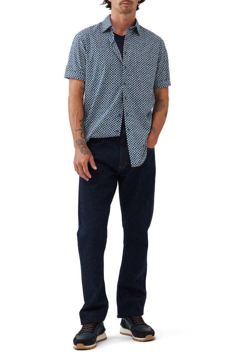 Rodd & Gunn Yate's Point Original Fit Tile Print Short Sleeve Cotton Button-Up Shirt, Alternate, color, Indigo