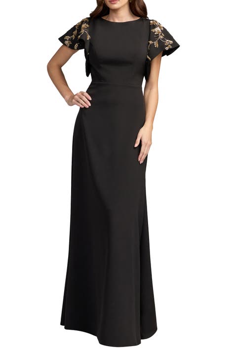 Embellished Flutter-Sleeve Crepe Gown