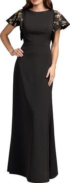 Mac Duggal Embellished Flutter-Sleeve Crepe Gown