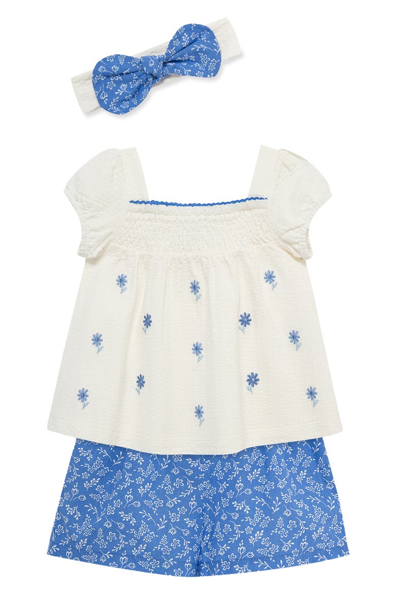 Embroidered Top, Shorts & Headband Set, Alternate, color, BLUE