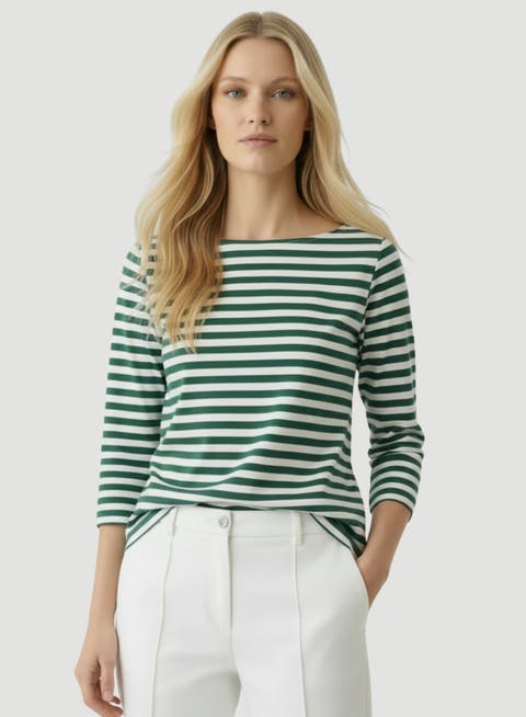 Stretch Linen Stripe Three Quarter Sleeve Boatneck T-Shirt