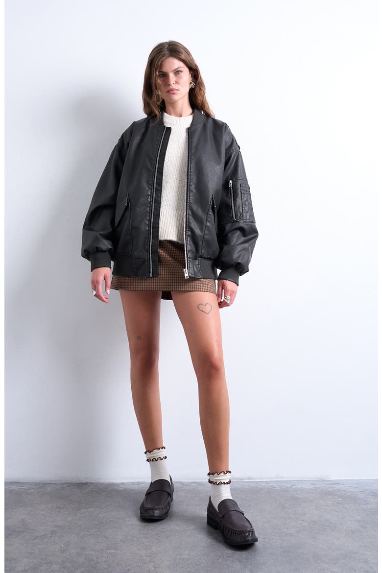 Oversize Faux Leather Bomber Jacket, Alternate, color, BLACK