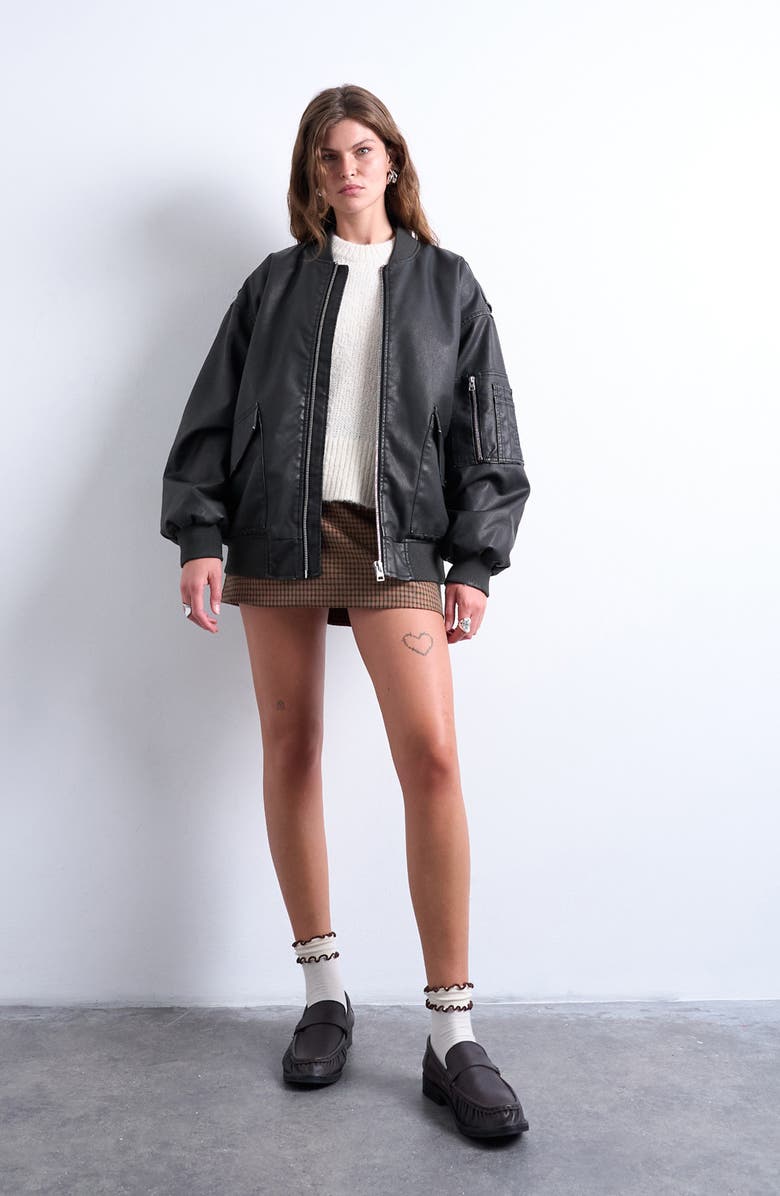 Topshop Oversize Faux Leather Bomber Jacket, Alternate, color, 