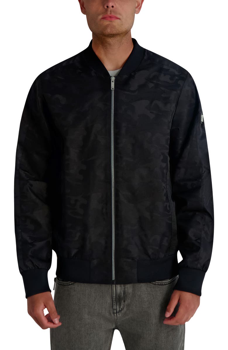 KARL LAGERFELD Camo Bomber Jacket, Main, color, Black