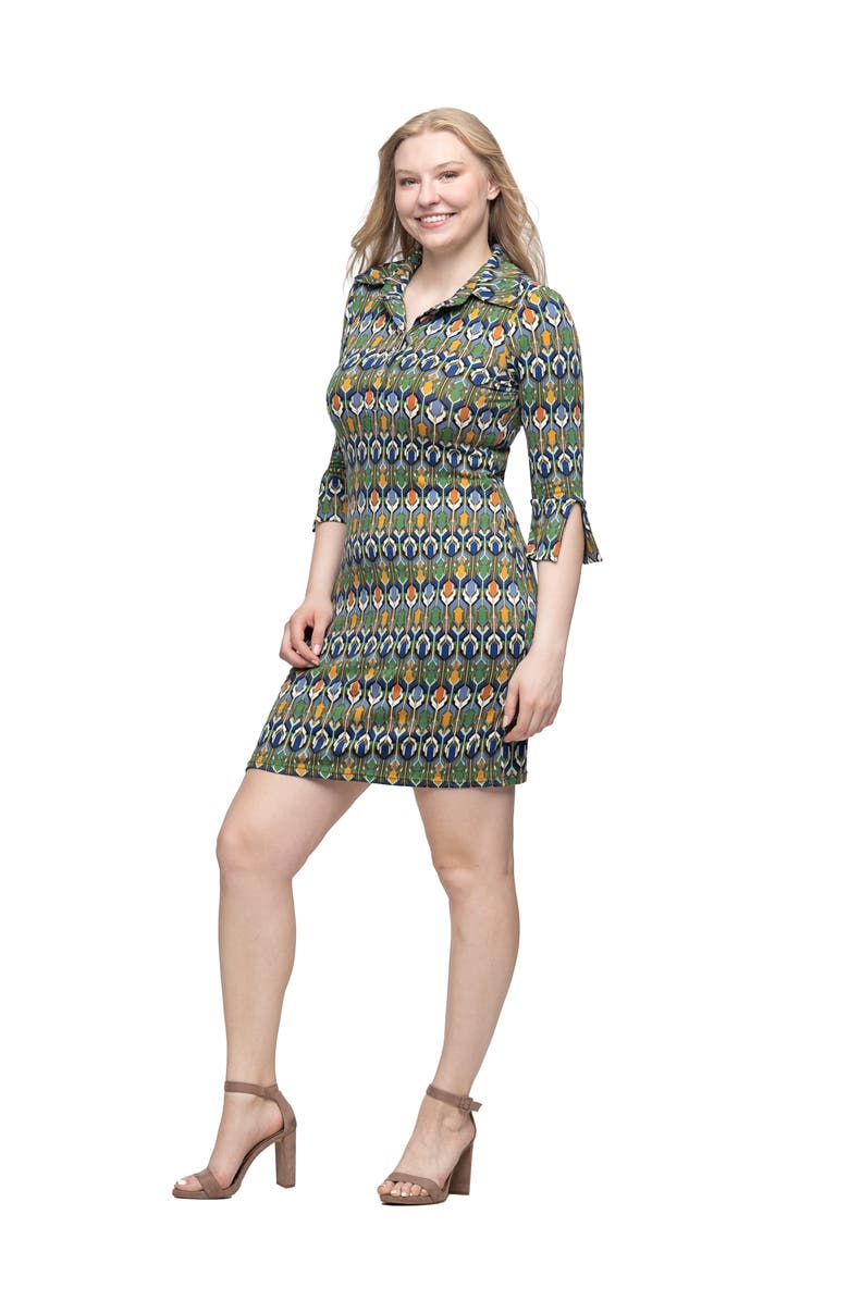 24seven Comfort Apparel Geometric Print Three Quarter Sleeve Mini Dress, Alternate, color, Green Multi