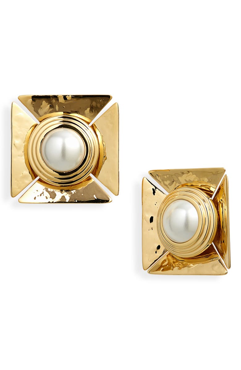 Saint Laurent Imitation Pearl Square Earrings, Main, color, 