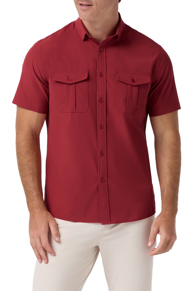 Leeward Tailgate Performance Short Sleeve Button Up Shirt, Main, color, CRIMSON