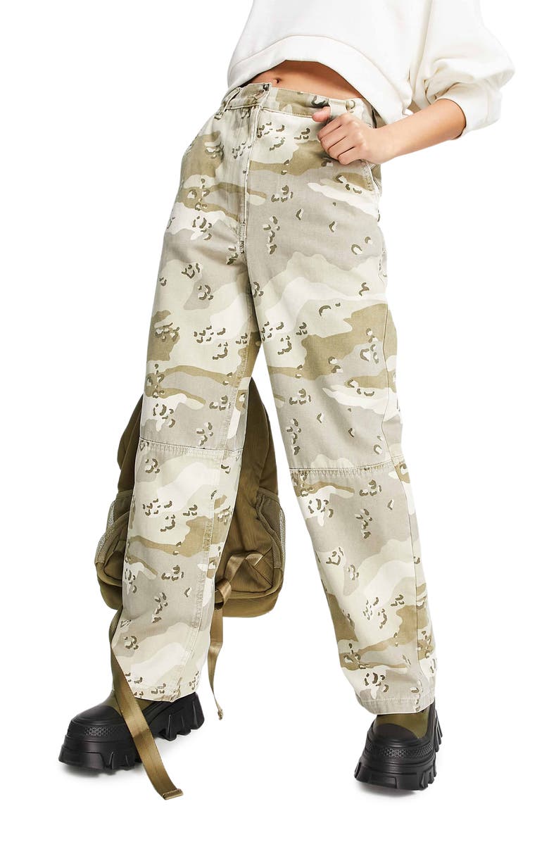 Topshop Camo Print High Waist Straight Leg Pants, Main, color,