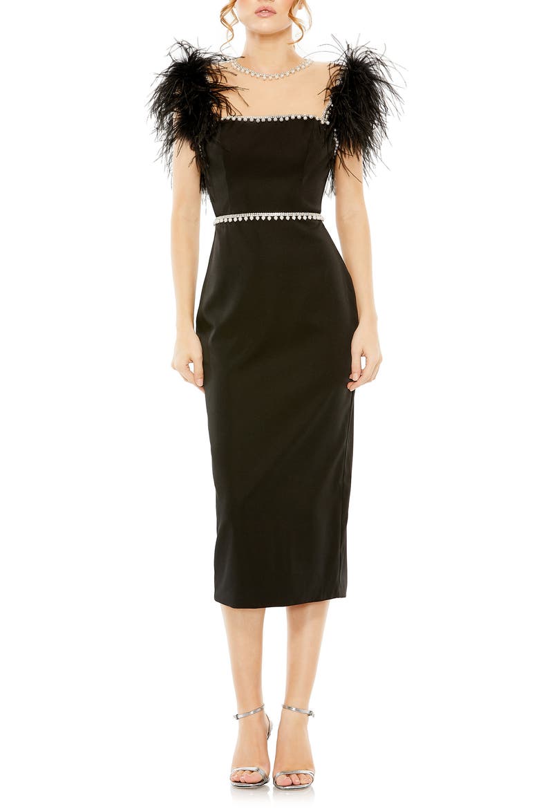 Feather Cap Sleeve Pearl Embellished Midi Dress, Main, color, BLACK