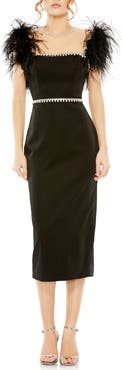 Mac Duggal Feather Cap Sleeve Pearl Embellished Midi Dress