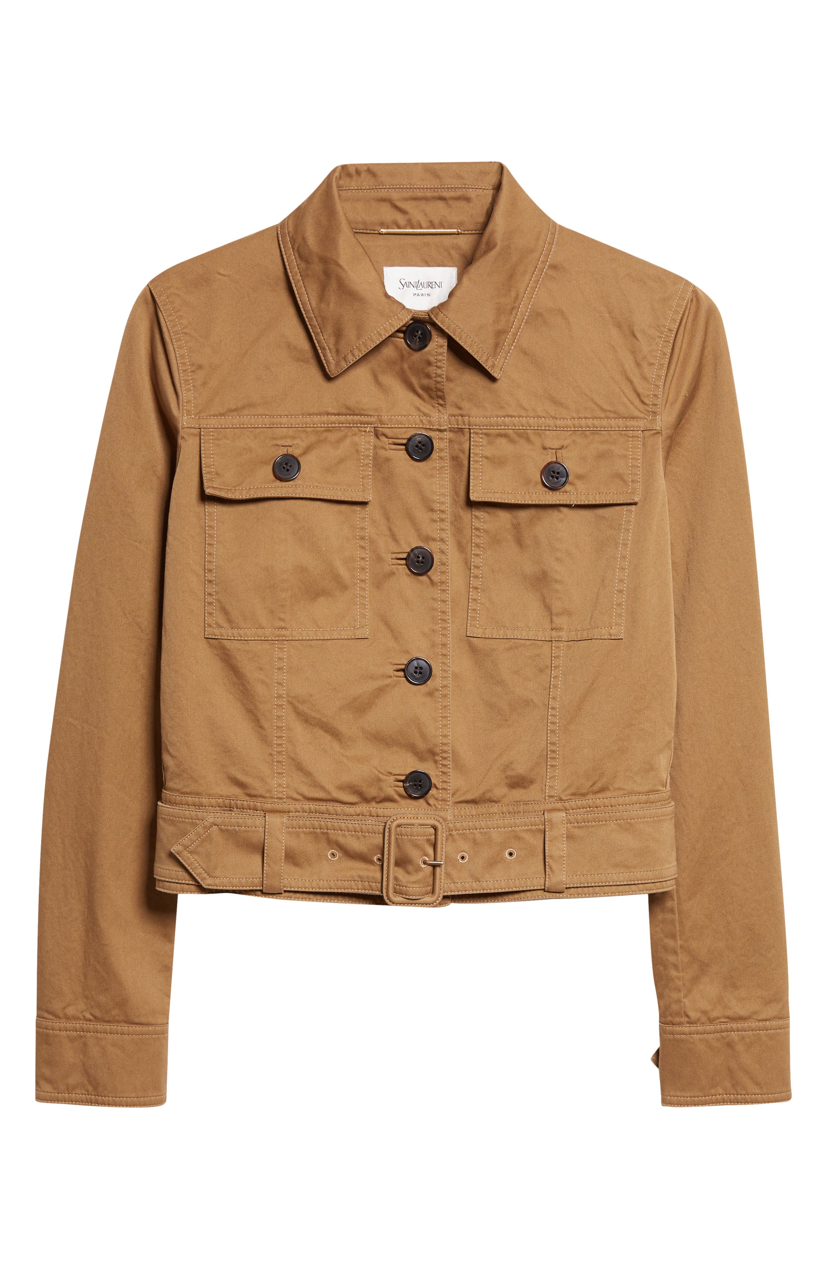 Saint Laurent Crop Cotton Serge Jacket In Brown