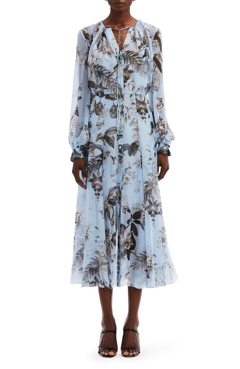 Oscar de la Renta Fauna Floral Sheer Long Sleeve Silk Shirtdress, Main, color, 