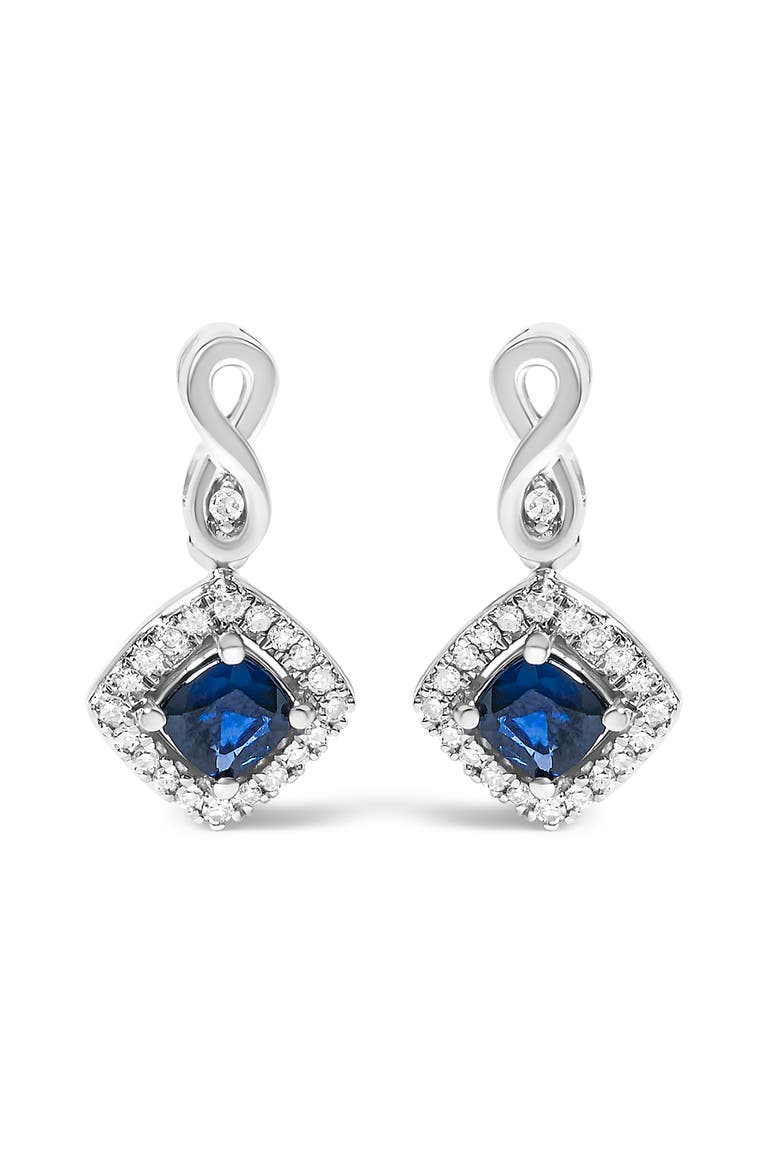 10K White Gold Sapphire and Diamond Halo Cushion Shaped Drop Earrings, Main, color, White