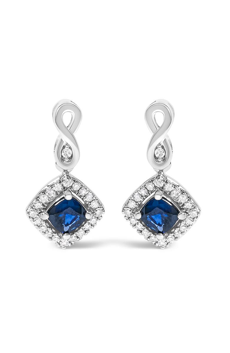 Haus of Brilliance 10K White Gold Sapphire and Diamond Halo Cushion Shaped Drop Earrings, Main, color, White