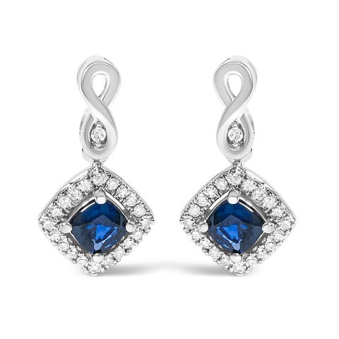 10K White Gold Sapphire and Diamond Halo Cushion Shaped Drop Earrings