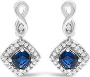Haus of Brilliance 10K White Gold Sapphire and Diamond Halo Cushion Shaped Drop Earrings