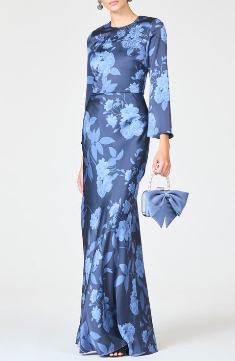 Alex Crystal Detail Floral Long Sleeve Satin Crepe Gown