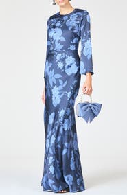 Sachin & Babi Alex Crystal Detail Floral Long Sleeve Satin Crepe Gown