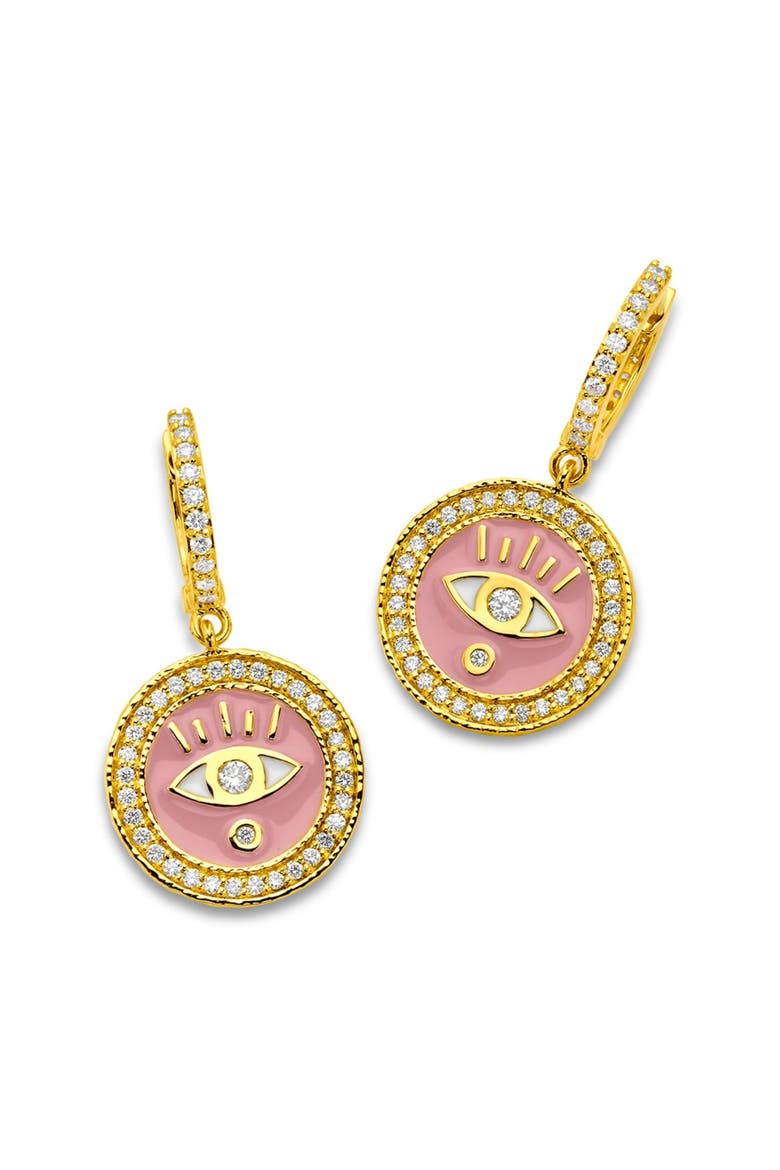 Enameled Evil Eye Huggie Earrings with Diamonds, Main, color, Bubblegum Pink