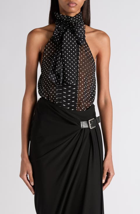 Polka Dot Scarf Neck Silk Chiffon Top
