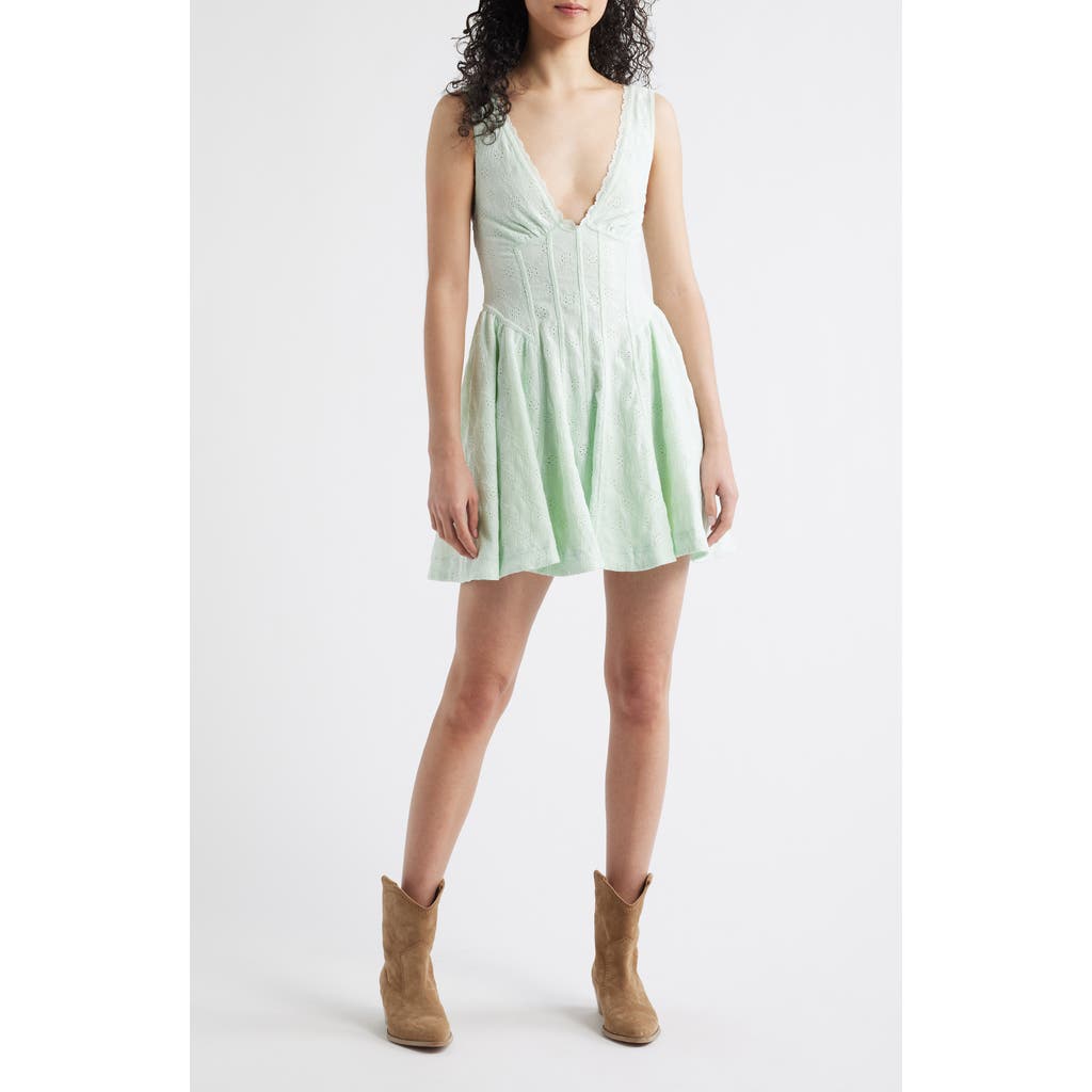 Free People Can't Help It Eyelet Embroidered Minidress in Mint Combo at Nordstrom, Size Large