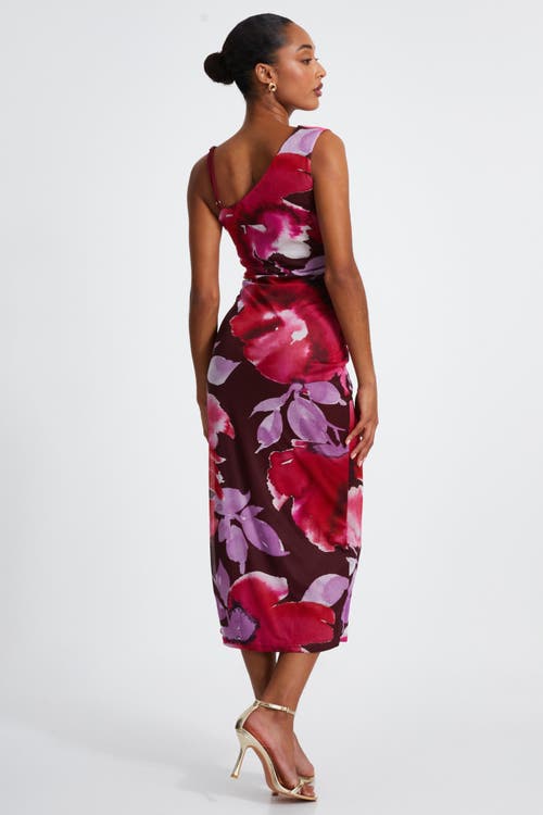 Quiz Floral Asymmetric Ruched Maxi Dress In Berry